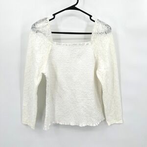 Smocked Lace Sleeve Square Neck Top XL‎ Ivory Romantic Cottagecore Coquette